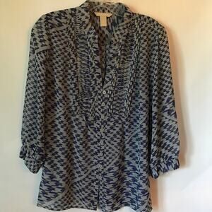 Banana Republic Blouse Womens Lightweight Houndstooth Pleated Grey Blue Purple M